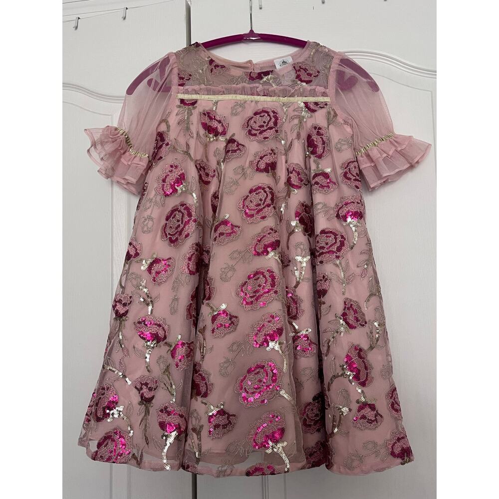 Disney Princess Belle Pink and Gold Floral Sequin Special Occasion Dress Sz 9/10